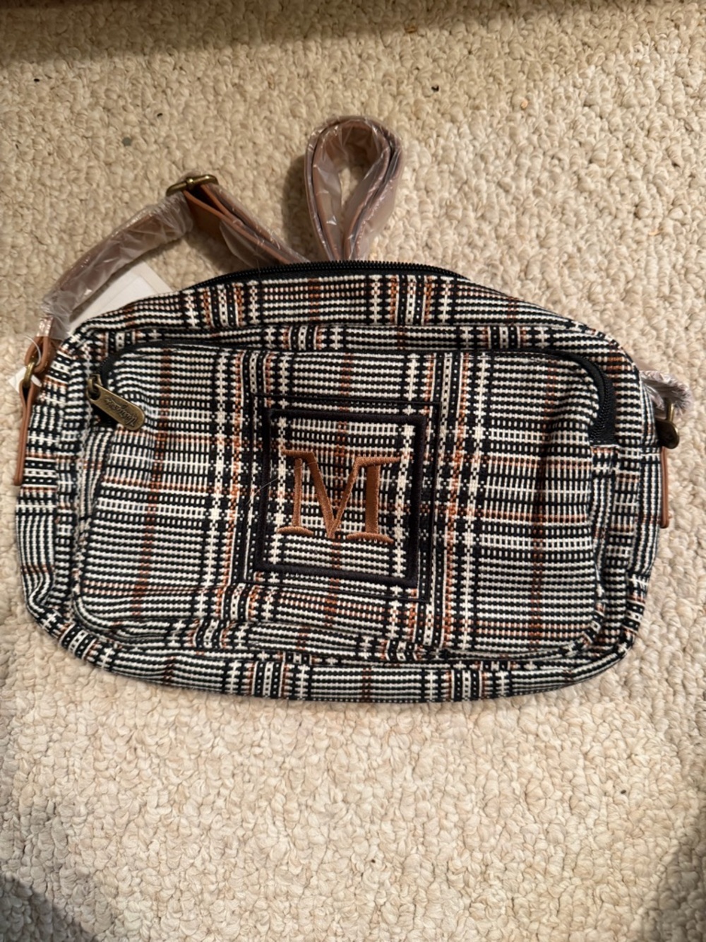 Thirty-One Plaid Crossbody Bag with Monogram Accent - Black & Brown